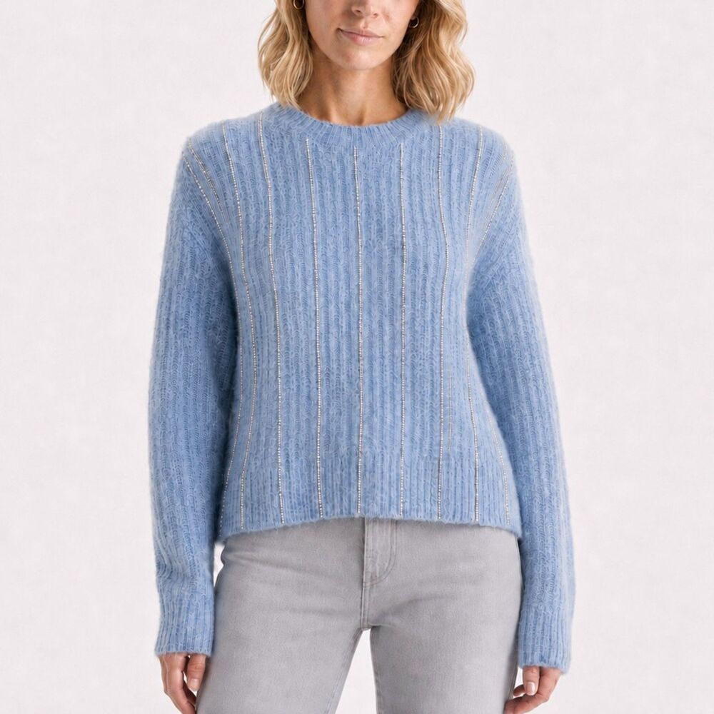 Nine West Chain Shine Light Blue Sparkly Rhinestone Crewneck Sweater Medium NWT
